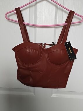 Shinestar Faux Leather Crop Top - Rust